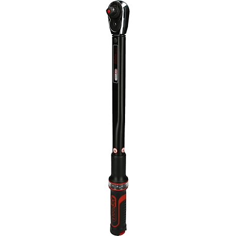 Schwarzer Drehmomentschlüssel mit roten Akzenten. Der Kopf ist silberfarben. Das Bild zeigt das Werkzeug aufrecht.